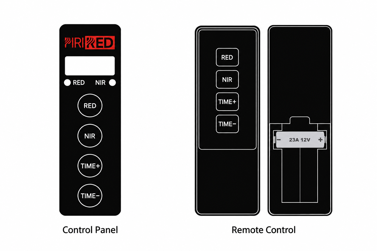Black control panel and remote control, front and battery compartment views